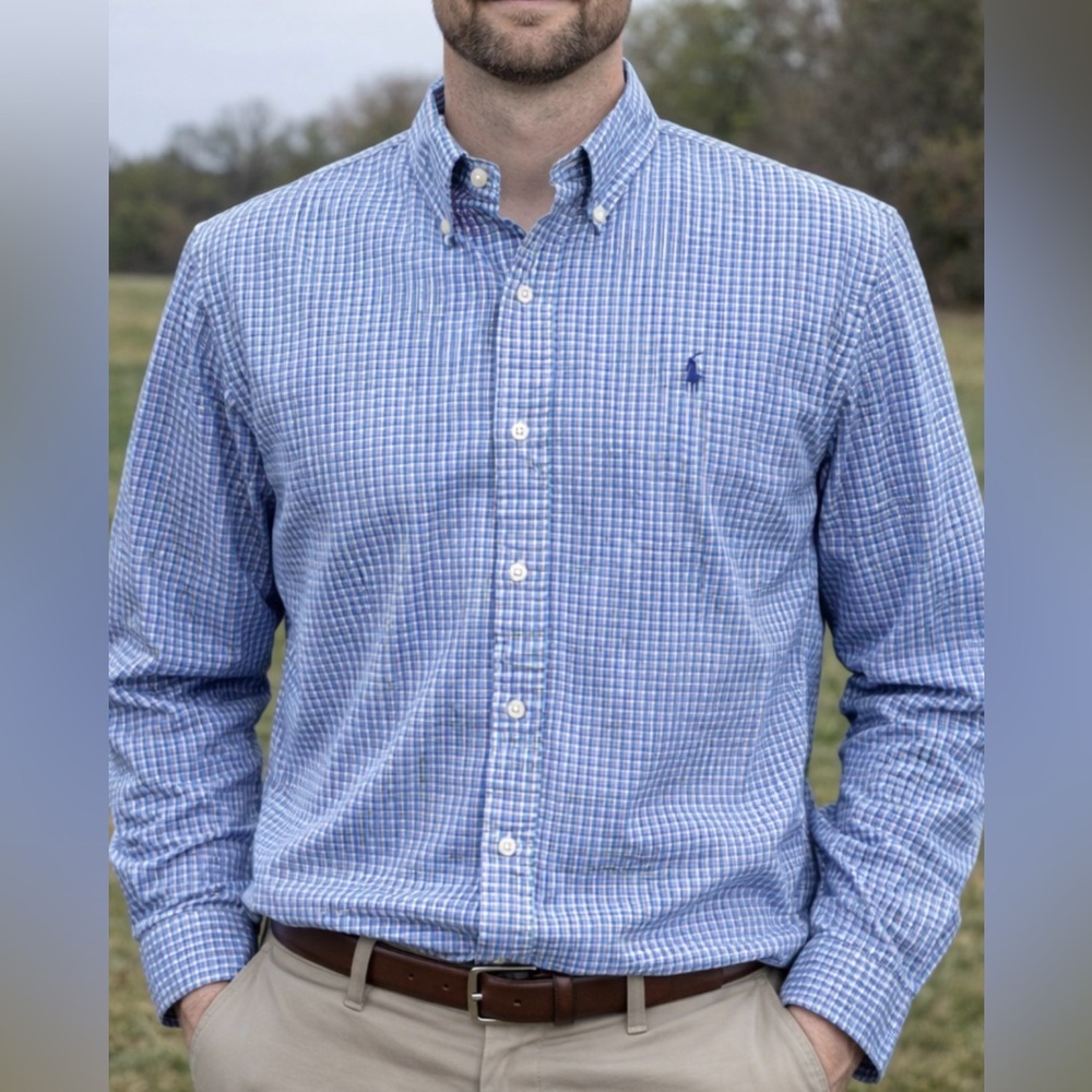 -Ralph Lauren Custom Fit Blue Plaid w/ Pink & Black Button L/S Shirt Men's XL